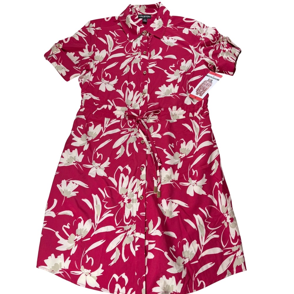 Halston Womens Pink Floral Short Sleeve Button Front Shirt Dress Size M NEW